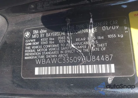 2009 BMW 328I xDrive z USA, uszkodzony, nr VIN WBAWC33509PU84487